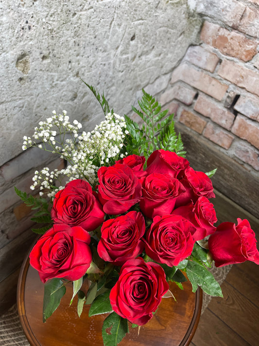 Dozen Roses with Greens & Baby's Breath